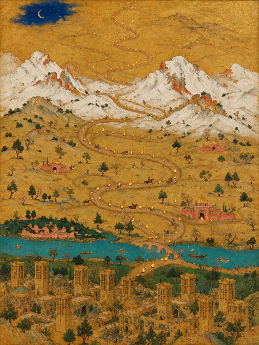 A detail of a Persian miniature landscape, with lantern-lit paths winding between mountains and villages.